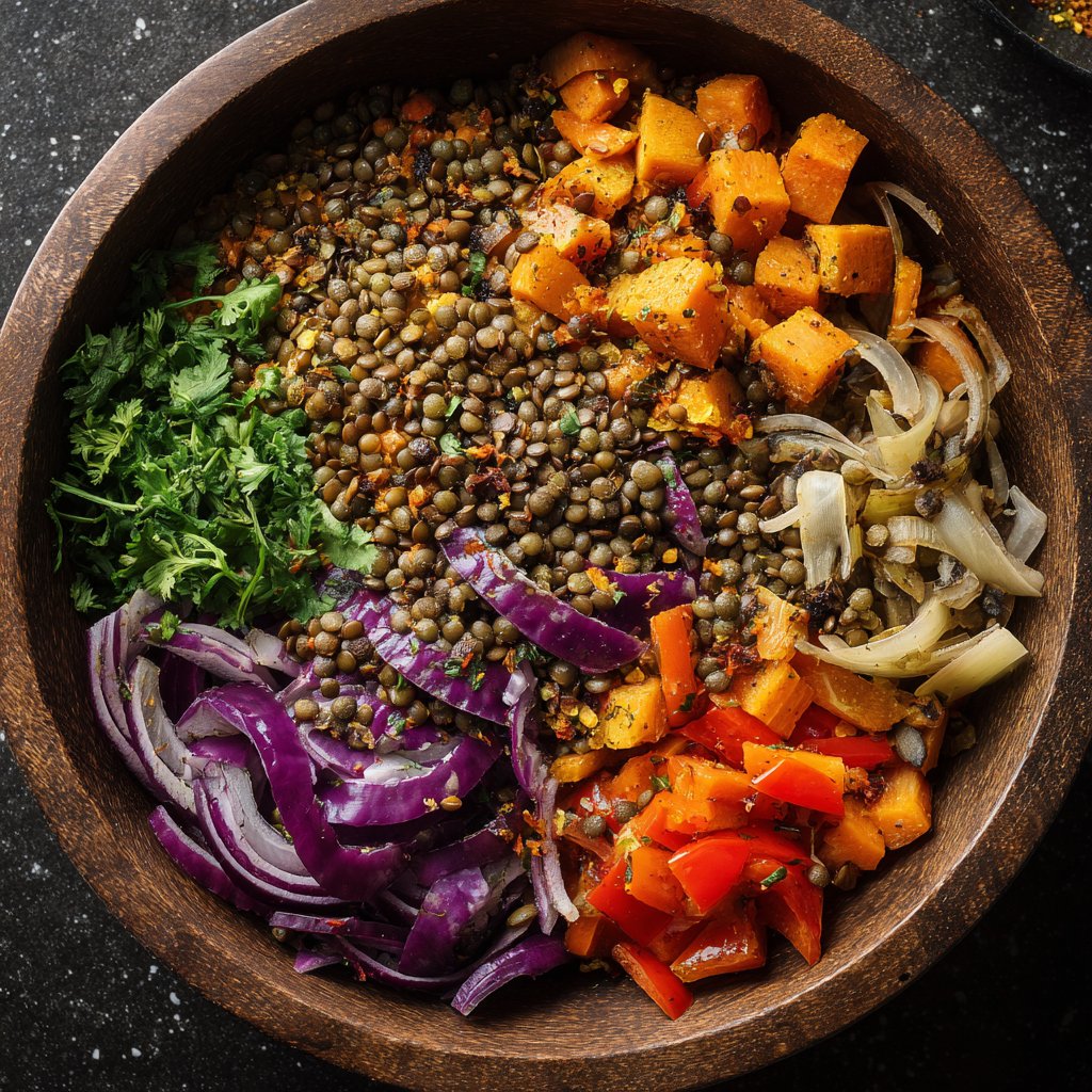 Roasted Veggie Lentil Grain Bowl